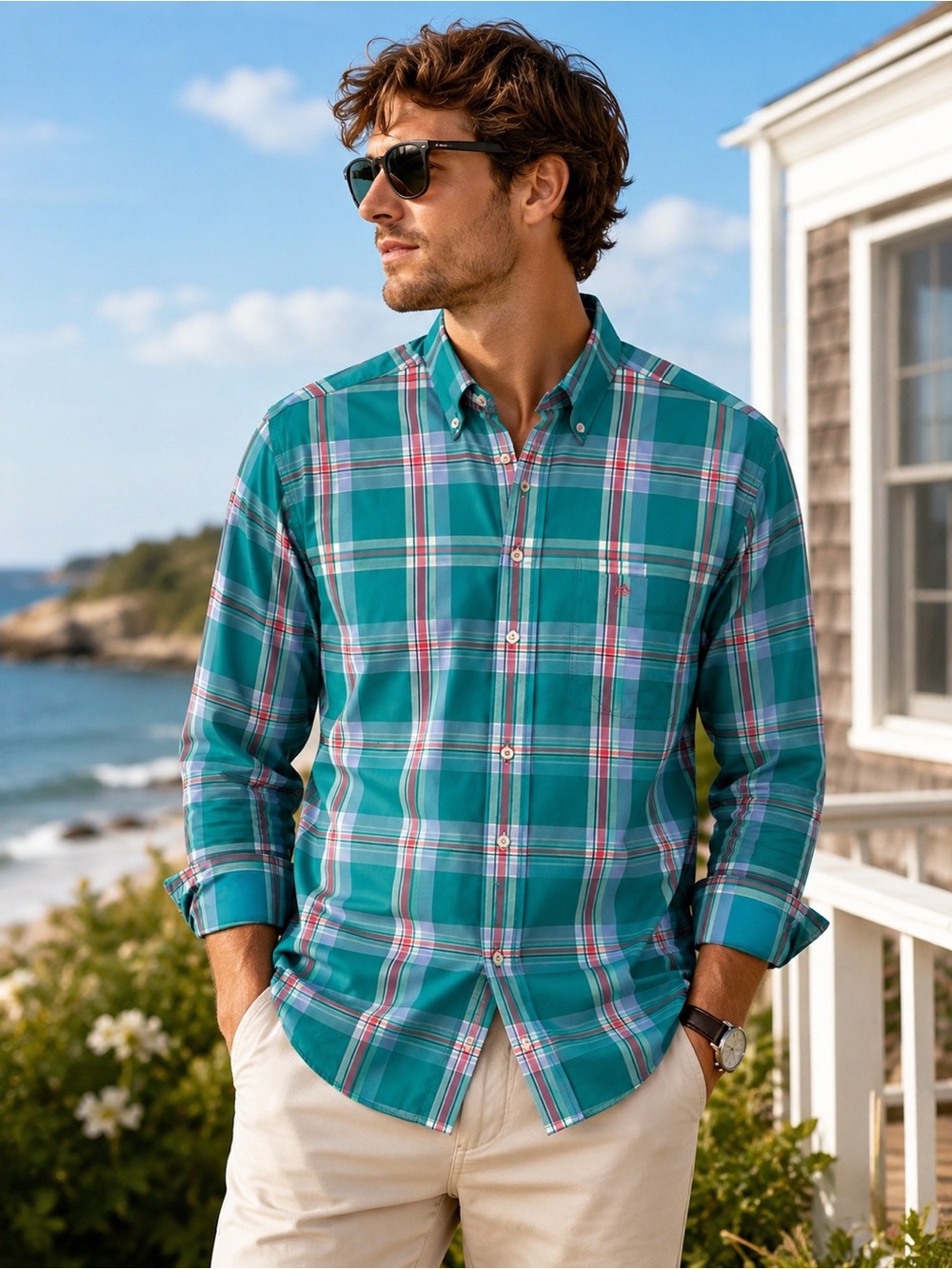 NWT Southern Tide Men’s Plaid Button Down Shirt Size Large Teal Performance Stre